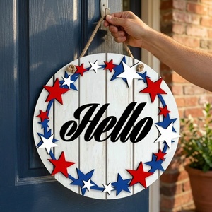 Insegna Rotonda in Legno per Porta del 4 Luglio, Ghirlanda con Stelle 3D, Decorazione Patriottica Rustica per Porta d'Ingresso, Vendita all'Ingrosso per il Giorno dell'Indipendenza - Product Image 1