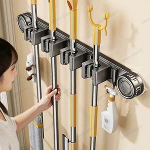 Bathroom Suction Cup <b>Mop</b> Holder With Hooks Stainless Steel <b>Wall</b> Mounted Organizer For Toilet Door Broom And Rag Storage - Product Image 2