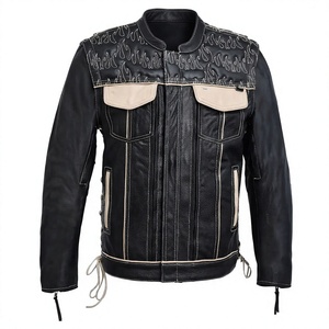 Veste de motard en cuir véritable pour homme, broderie flamme, noir beige, poches latérales, dentelle OEM - Product Image 1