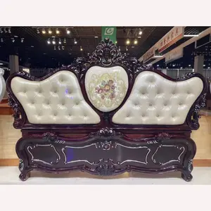 Cama de casal luxuosa estilo clássico americano de couro para casamento, cama de casal retrô europeia esculpida em madeira maciça, 2024