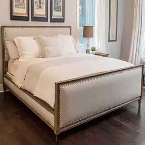 Vintage French Upholstered Panel <b>Bed</b> Solid Oak <b>Frame</b> Nailhead Trim Farmhouse Bedroom <b>Bed</b> Multiple Size Available - Product Image 2