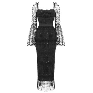 Vestido largo informal de gasa con <span class=keywords><strong>lentejuelas</strong></span> para <span class=keywords><strong>mujer</strong></span>, falda larga de gasa con cuello cuadrado y manga larga en color negro, estilo europeo y americano, 2022 - Product Image 6