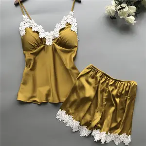 Sfy1218 pijama feminino sexy, camisola lingerie roupa de dormir de cetim com renda e estampa de seda quente 2020
