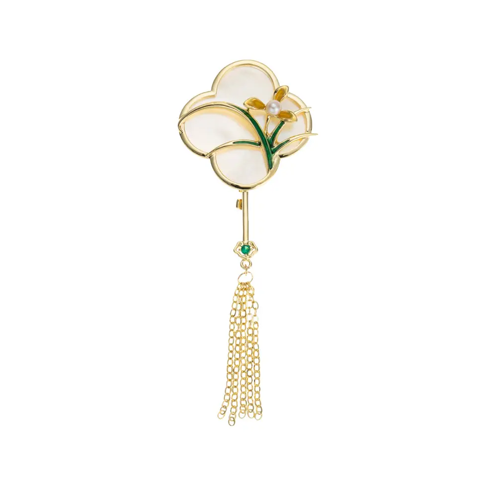 Broche de Orquídea de bronce chapado en oro y plata de lujo Vintage, broche de cheongsam de estilo chino con flecos de perlas de agua dulce
