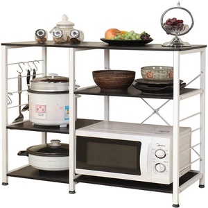 Kitchen Storage Stank Rack Shelf Kitchen Storage Cabinet Microwave Standing Wooden with Metal Hook Storage Holders & Racks White