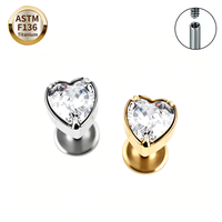 Piercing de lèvre en titane F136 plaqué or rose avec zircon taille cœur, design à filetage interne, bijou corporel pour tragus, cadeau de mariage