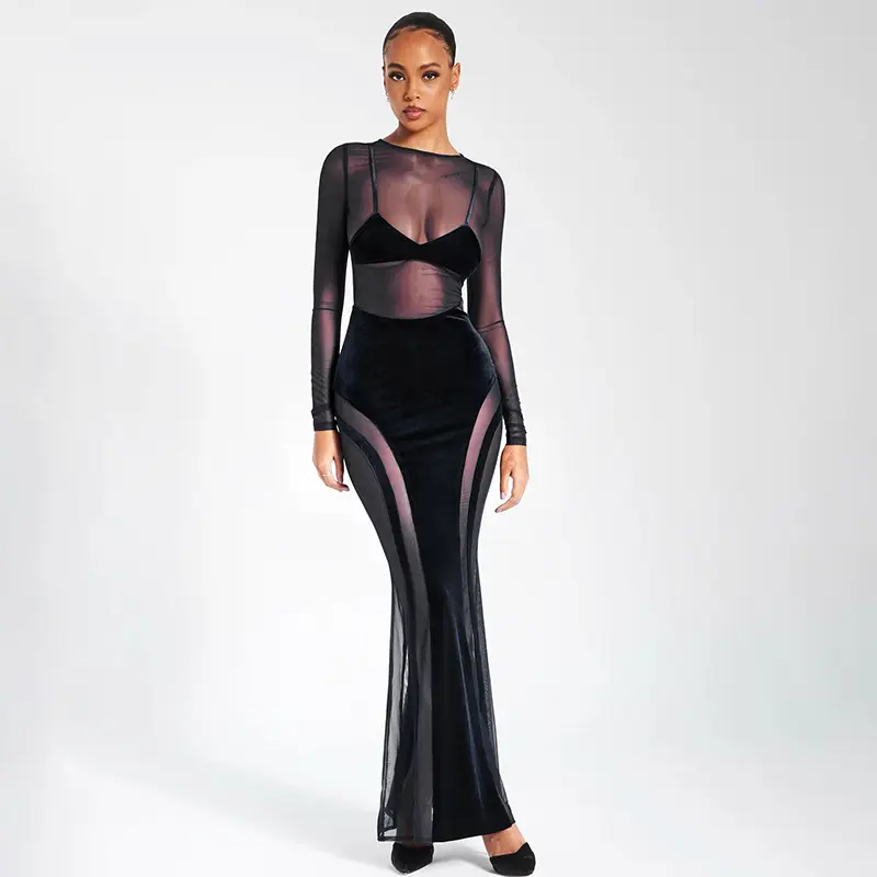 OEM Long Sleeve Patchwork Mesh Velvet Sexy Maxi Dress Women