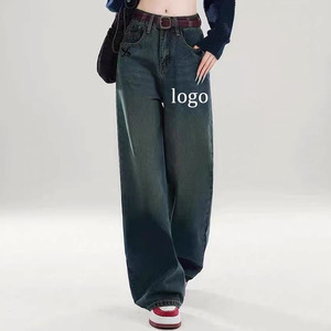 Jean large en denim bleu à carreaux patchwork taille haute coupe droite 100 % coton pour femme, collection 2026 - Product Image 2