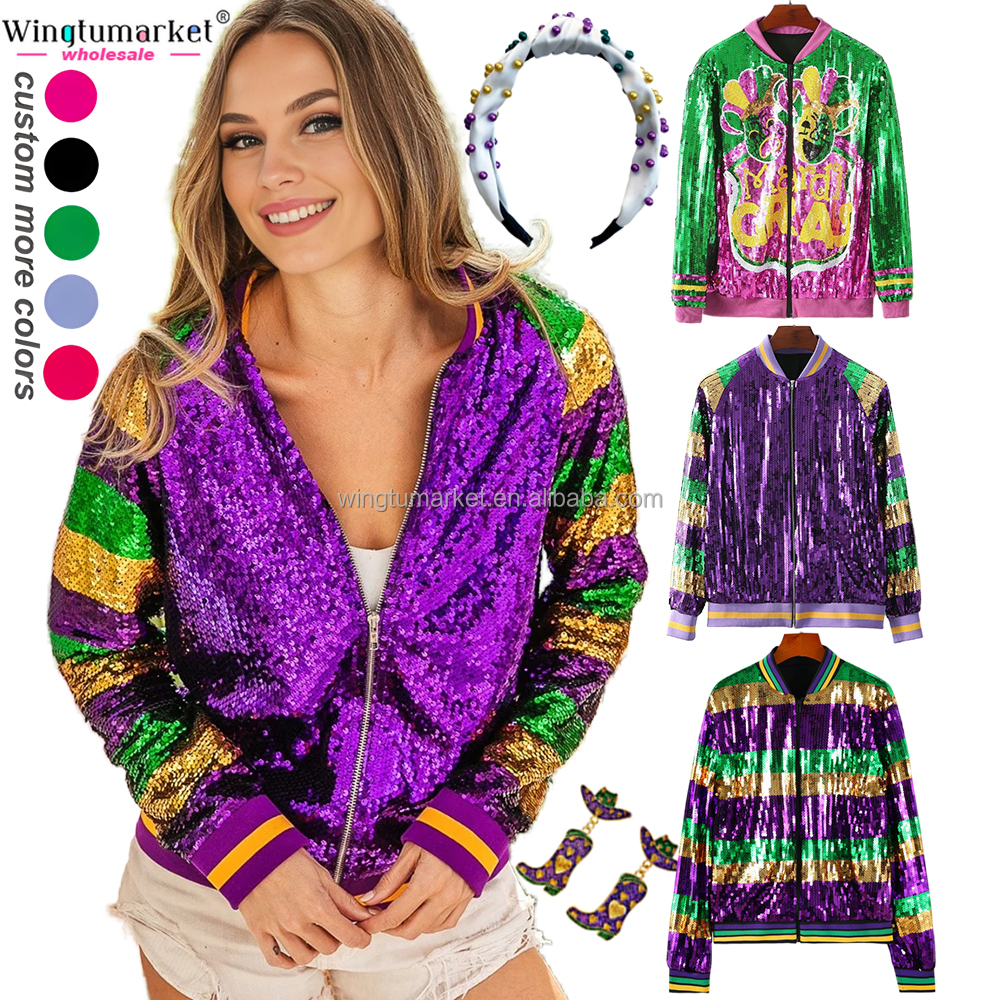 RTS Mardi apparel giyim sequins bombacı ceket mor şerit nervürlü fermuar glitter kadın coats pullu ceketler kadınlar için