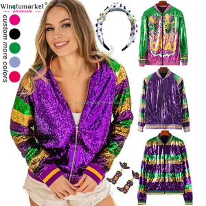 RTS Mardi Gras apparel sequins bomber jacket purple stripe ribbed zipper glitter woman coats sequin jackets for women