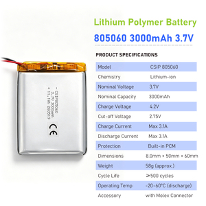 805060 Baterai Li-Polymer 3000mAh 3.7V Kapasitas Ultra Tinggi Baterai Lipo Pouch 3.7volt 3000mAh CSIP805060 Baterai Li-ion Polymer - Product Image 4