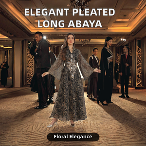 Abaya élégante de haute qualité en polyester antistatique plissée, longueur au sol, pour femmes, avec imprimé floral, pour soirée - Product Image 2