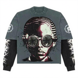 <b>Men's</b> Long Sleeve 100% Cotton T-Shirt with Photo Print Graphic Front Logo Hip Hop Style <b>V</b>-<b>Neck</b> Contrast Trim Regular Fit - Product Image 1