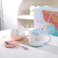 Tasse en Céramique Tendance Effet Nacre avec Couvercle et Cuillère – Tasse en Céramique Haute Qualité Résistante à la Chaleur pour Femmes et Couples