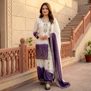 Ensemble Salwar Kameez en soie tissée brodée blanc et violet, trois quarts de long, tenue traditionnelle pour femmes, pour mariage et fêtes - Product Image 1