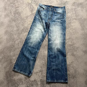 Jeans unisexe à motif éclair bleu foncé rétro américain, ample, à jambes larges, lavé, droit, micro-évasé - Product Image 2