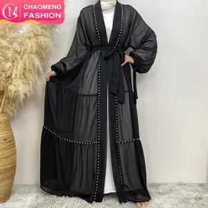 1964# Latest Chiffon Abaya Lace Up Cuff Gorgeously White Pearls Cardigan Muslim Women Kaftan Fashion Open Abaya