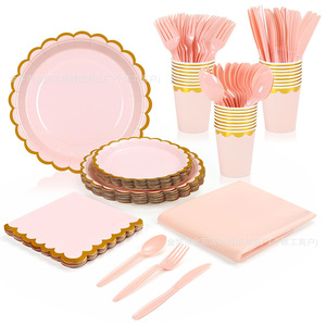 Ensemble de 176 Assiettes en Papier Bordées Or Rose, Fournitures de Fête, Couverts, Serviettes, Gobelets pour Anniversaires - Product Image 5