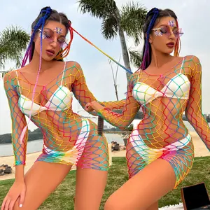 Ladymate ODM/OEM Women's Rainbow Fishnet Bikini Swimsuit Party Clubwear Swimwear Sexy Nightclub Ladies rainbow pride lingeries