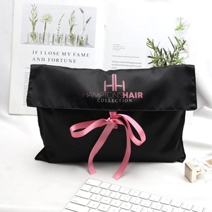 Custom Logo Printed Black Satin Envelope Hair <b>Extension</b> Bundle Wig Gift Packing Luxury Underwear Clothing Dust Silk Pouch Bag - Product Image 1