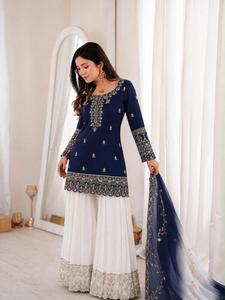 Ensemble traditionnel trois pièces en soie naturelle de qualité supérieure, brodé, avec pantalon palazzo richement orné de sequins et dupatta assorti - Product Image 2