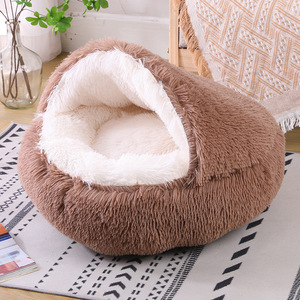 Tempat Tidur Anjing Mewah Berkualitas Tinggi Berbahan Spons, Berkerudung, Berbulu, Bernapas, Untuk Semua Musim, Model Gua, Hangat, Semi Tertutup, Nyaman, Untuk Tidur - Product Image 3