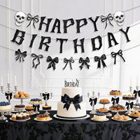 Décorations de fête d'anniversaire gothiques noires avec nœud, bannière Joyeux Anniversaire, guirlande Crâne et Squelette pour fête gothique et Halloween effrayant