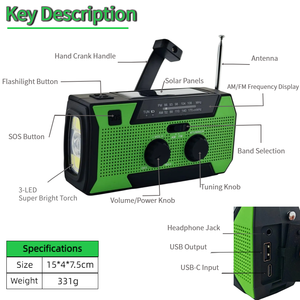 <span class=keywords><strong>Radio</strong></span> solaire d'urgence à manivelle avec port de charge USB-C, en plastique ABS, 5000 mAh, certifiée CE RoHS, prête à être expédiée pour les zones sauvages - Product Image 5