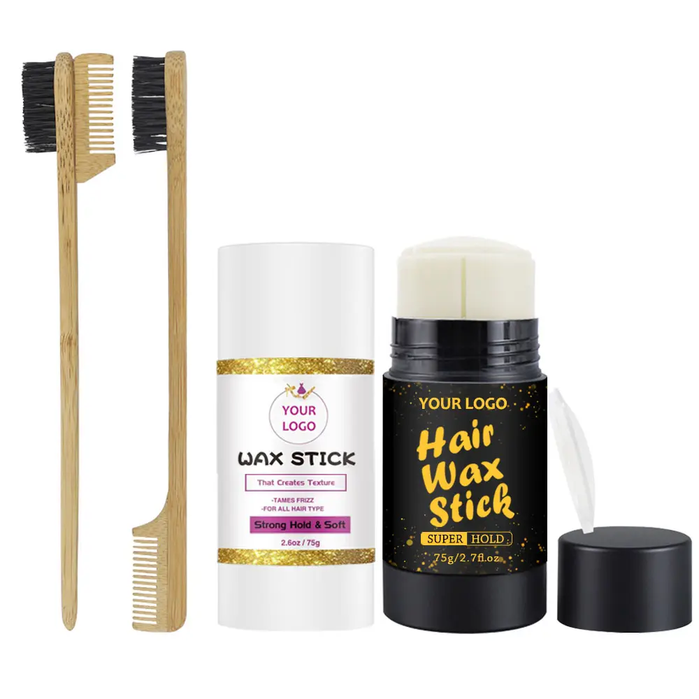 Kit penataan rambut Logo kustom stik lilin rambut dan sikat kayu stik lilin rambut hitam Matte canggih Set hadiah gaya selesai