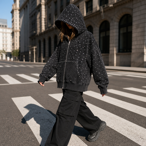 Sudadera con capucha negra con cremallera para hombre, de algodón French Terry, corte holgado, con efecto desgastado y pedrería descolorida, compatible con OEM ODM - Product Image 3