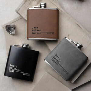 カスタムLaserable Leatheretteポータブルトラベル6オンスステンレススチールグレーPuレザーヒップフラスコGroomsmenウェディングパーティーギフト用 - Product Image 3