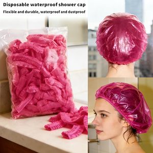 100 unidades/set Gorros de Ducha Desechables de Plástico Impermeables Rosados para Spa, Salón, Hotel, Tinte de Cabello, Gorro Elástico para Mujer, Baño - Product Image 6