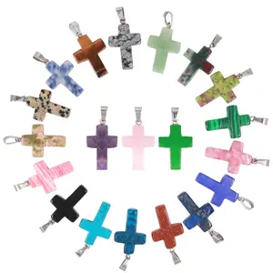 Fashion Charms Natural Crystal Healing Gemstone Glass Pendant Jesus Cross Stone Pendant for Jewelry Making