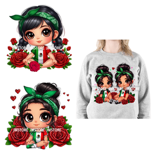 Cute Chibi Mexican Girl Designs Hispanic Red Rose Green Coquette Bow Latina Princess Iron On DTF Transfers Stickers para camisetas - Product Image 1