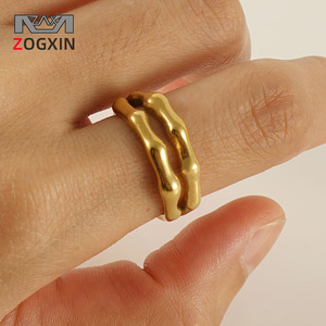 Zogxin <b>Titanium</b> Steel Double Layer Bamboo Joint Open <b>Ring</b> 18K Gold Stainless Steel Unisex Fashion <b>Ring</b> Adjustable Gift Jewelry - Product Image 1