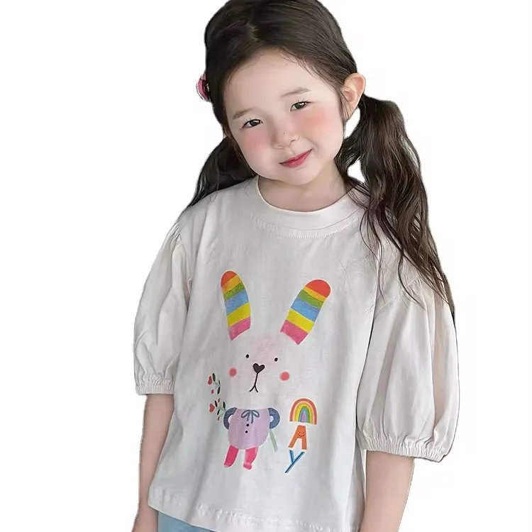 Corea del Sur niños 2024 verano nueva moda Top niñas estilo extranjero dibujos animados conejo blanco Camiseta de manga corta