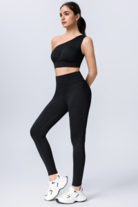 Completo Sportivo Monospalla Asimmetrico: Reggiseno e Leggings a Vita Alta, Design Senza Cuciture con Cut-Out, Tessuto Elasticizzato in Quattro Direzioni per Yoga - Product Image 3