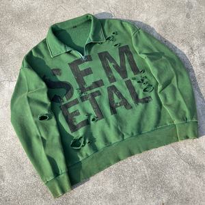 Sudadera con capucha de media cremallera de felpa francesa personalizada, con efecto desgastado, hombros caídos, lavado ácido y estampado, de algodón, para hombre - Product Image 1