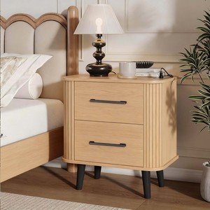 Gỗ sồi hiện đại kết thúc rãnh Bàn Cạnh Giường ngủ với 2 ngăn kéo, rãnh nightstand với tay cầm màu đen và chân gỗ vững chắc cho phòng ngủ - Product Image 1