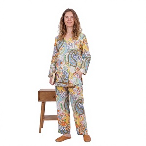 Handmade Spring Summer Floral Breathable Quick Dry Soft Elastic Waist Casual 100% Cotton Long Sleeve V-neck Women Pajamas Set - Product Image 1