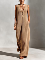 Damen Ärmelloses V-Ausschnitt Geripptes Strick-Maxikleid Halb-Knopfleiste Figurbetont Gestricktes Sexy Club-Kleid mit Aussparungen Langes Lässiges Strickwestenkleid