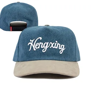 Wholesale Vintage Denim Suede Embroidery Unstructured 5 Panel Hat 2 Tone Low Profile 5 Panel Unstructured Baseball Dad Cap