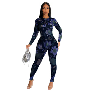 จั๊มสูทแขนยาวคอกลมพิมพ์ลายเซ็กซี่รัดรูปสำหรับฤดูร้อน พร้อมกางเกงพิมพ์ลาย ชุดแฟชั่นผู้หญิง 2 ชิ้น - Product Image 3