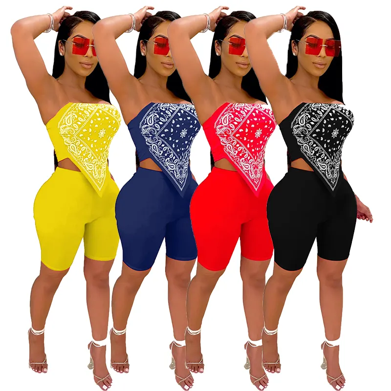 2023 Fashion Bandana Print Summer Sexy 2 Piece Short Women Set Strapless Crop Top Biker Shorts Sets Women Clothes