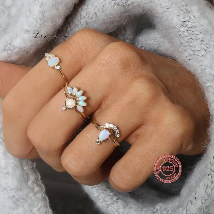 Delicate silver rings minimalist women 925 sterling marquise cut white opal stone vintage rings set