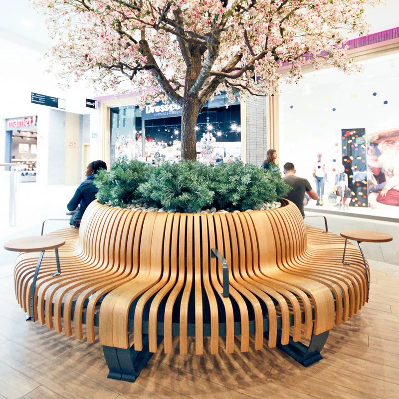 Центр торгового центра под заказ, круглые сиденья, изогнутая садовая наружная скамья, спинка, круглая скамья с деревом