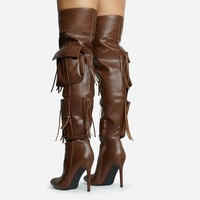 Bottes hautes à talon aiguille et bout pointu pour femmes, en similicuir marron, avec poches, pour dames