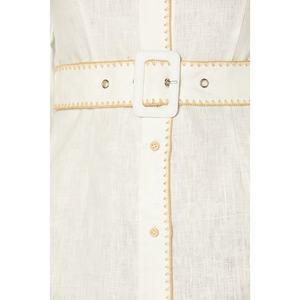 Mini robe en lin 100% pour femmes manches longues avec revers boutonné en épingle Ceinture <span class=keywords><strong>amovible</strong></span> en tissu avec boucle boutonnée robe - Product Image 3