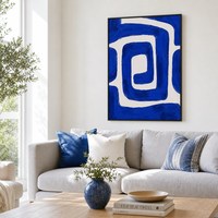 Peinture géométrique carrée bleue et blanche sur toile encadrée, grande décoration murale nordique simple et moderne pour la maison