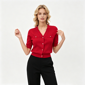 <span class=keywords><strong>Cardigan</strong></span> en tricot <span class=keywords><strong>rouge</strong></span> pour femmes, manches courtes, col en V, boutonné, coupe ajustée, chemisier décontracté en tricot, vêtements en tricot - Product Image 6